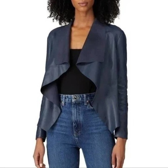 Slate & Willow Jacket Drape Moto Genuine Leather Navy M - Picture 1 of 12